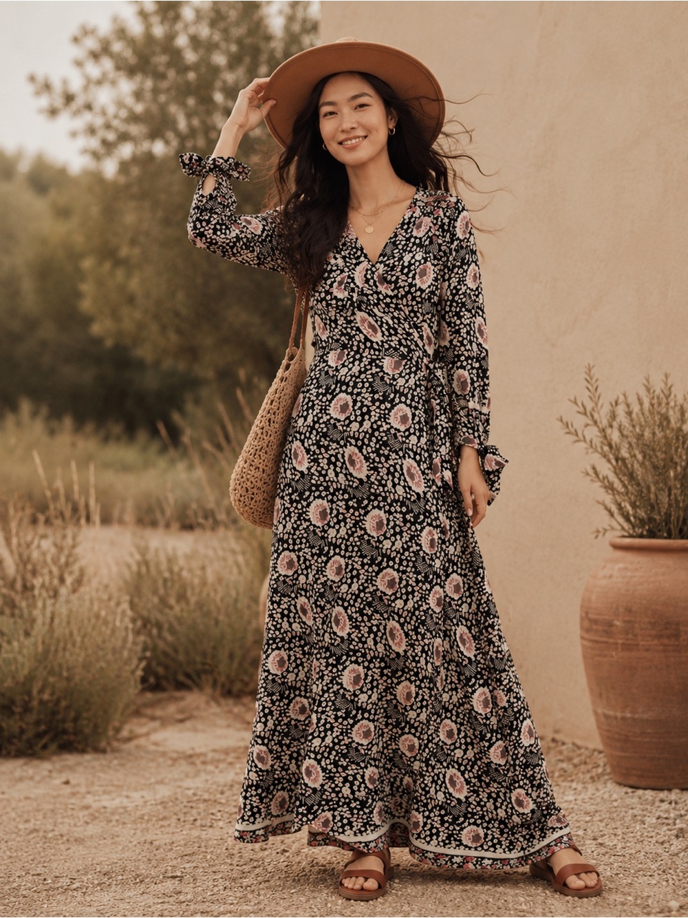 Natalie Martin Danika Floral Wrap Maxi Dress XS Vintage Flowers Long Sleeve Boho